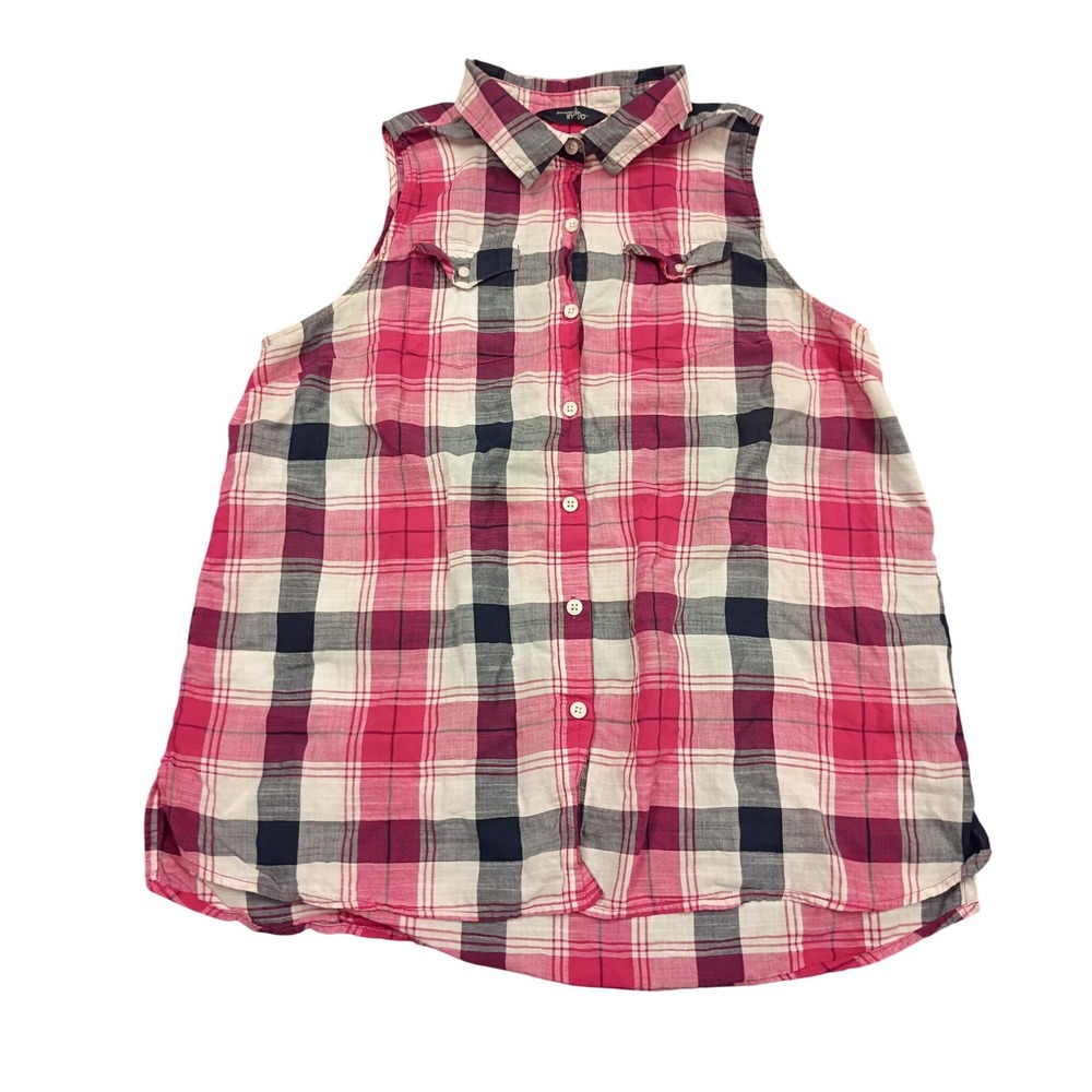 Great Northwest Indigo Sleeveless Plaid Shirt Womens Large Pink Navy Button Down